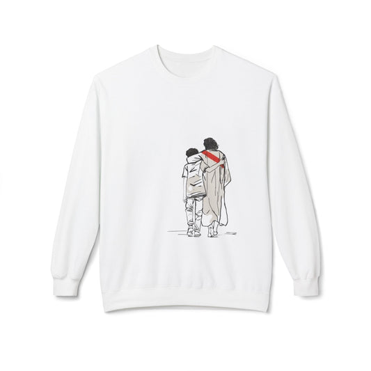 Christian Crewneck Sweatshirt — Jesus Walking With Child Illustration & Matthew 28:20 Verse